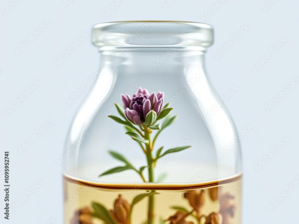 Close-up of a single herb or flower in a clear glass bottle, herbs, botanicals Close-up of a single herb or flower in a clear glass bottle, herbs, botanicals