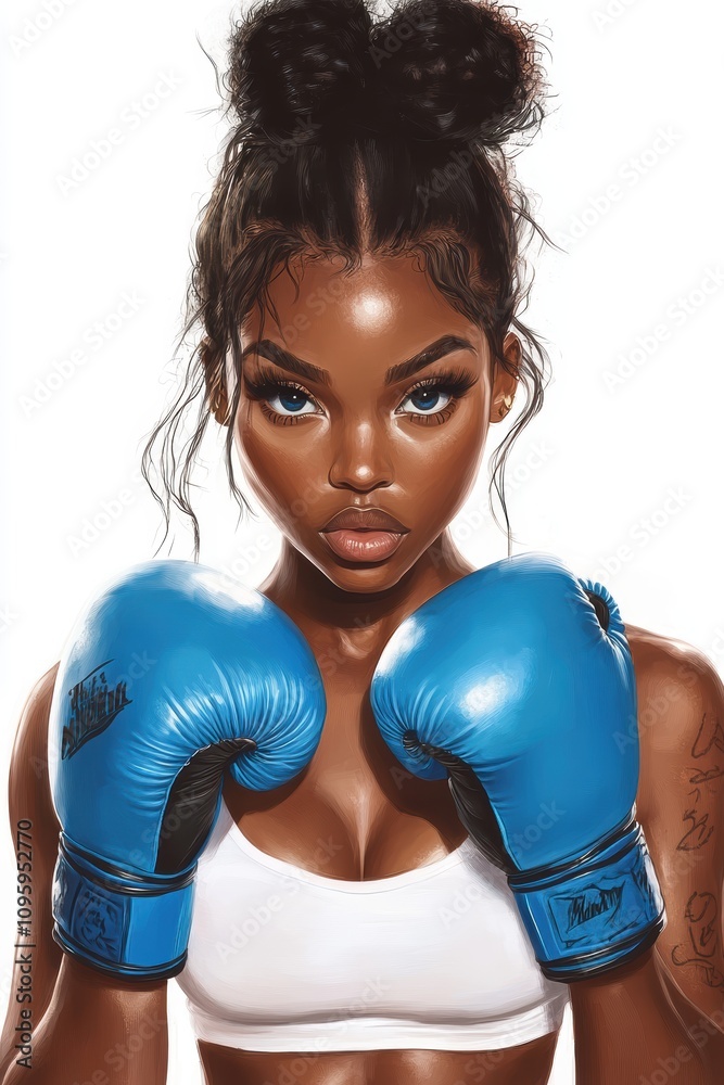 A confident young woman in blue boxing gloves stares directly at the camera. A confident young woman in blue boxing gloves stares directly at the camera.