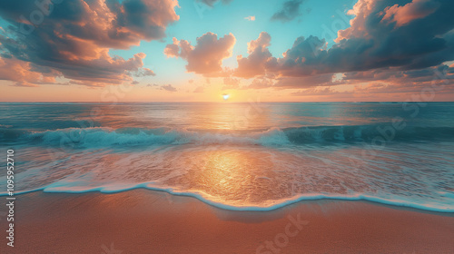 A serene sunset over a tropical beach with soft, golden sand and turquoise waters. Perfect for creating a calming and relaxing atmosphere.