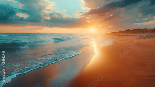 A serene sunset over a tropical beach with soft, golden sand and turquoise waters. Perfect for creating a calming and relaxing atmosphere.