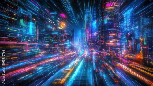 Futuristic cityscape at night with glowing neon lights and digital beams.