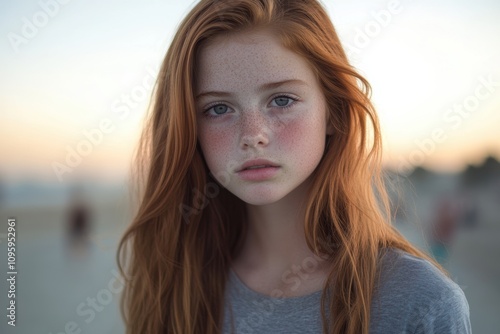 A young woman with red hair and freckles looks at the camera with a serious expression.