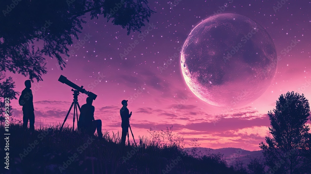 Stargazers observing a large moon at night Stargazers observing a large moon at night