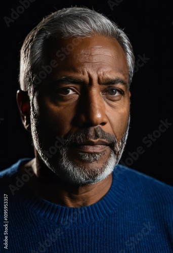 A funny close-up of a smiling African American man with a beard and expressive eyes looking playful and silly in a studio setting