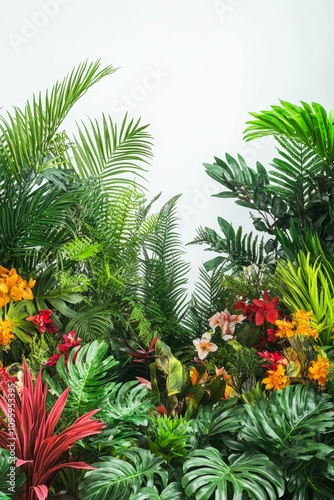 Lush tropical foliage, vibrant flowers.