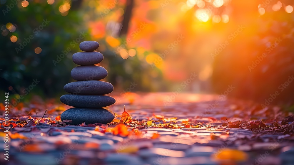 Obraz premium Stacked dark grey stones on autumn leaves path at sunset.
