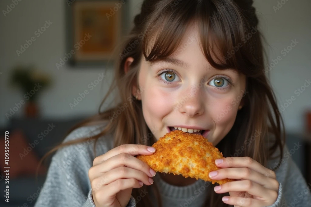 おいしそうにフライドチキンを食べている女の子のAI生成画像 おいしそうにフライドチキンを食べている女の子のAI生成画像