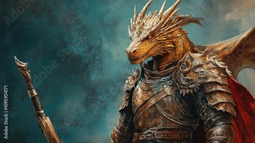 A majestic dragon warrior clad in armor stands confidently with a spear ready for battle