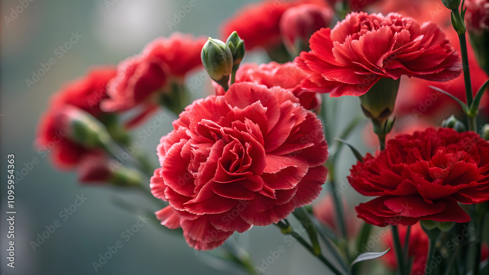 Vibrant red carnations in bloom with lush green foliage. Vibrant red carnations in bloom with lush green foliage.