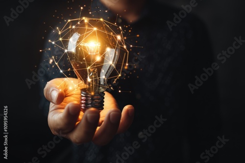 Businessman holding light bulb with industry network and marketing icons. photo