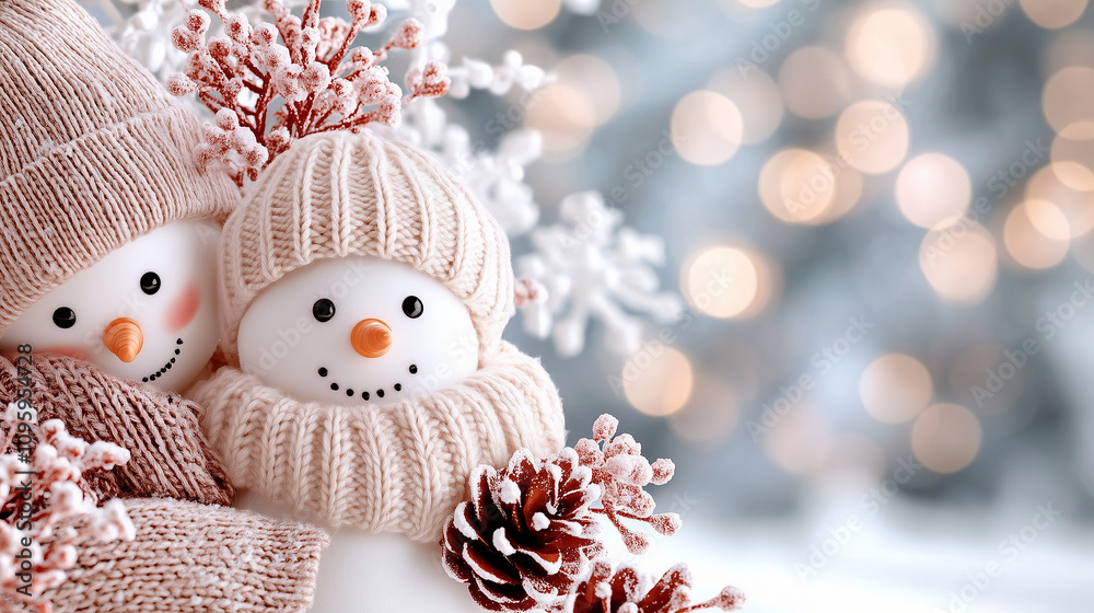 Obraz premium Christmas-themed with white snowflakes, a little snowman, white Christmas tree, falling snow, Christmas lights. The monochromatic background, Warm holiday atmosphere