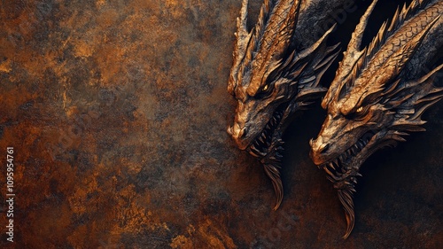 Intricate dragon sculptures with detailed features against a textured background