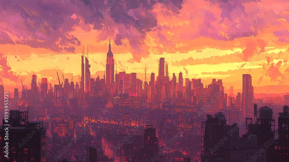 Fototapeta premium Vibrant sunset over a sprawling city skyline, showcasing a mix of modern and older buildings.