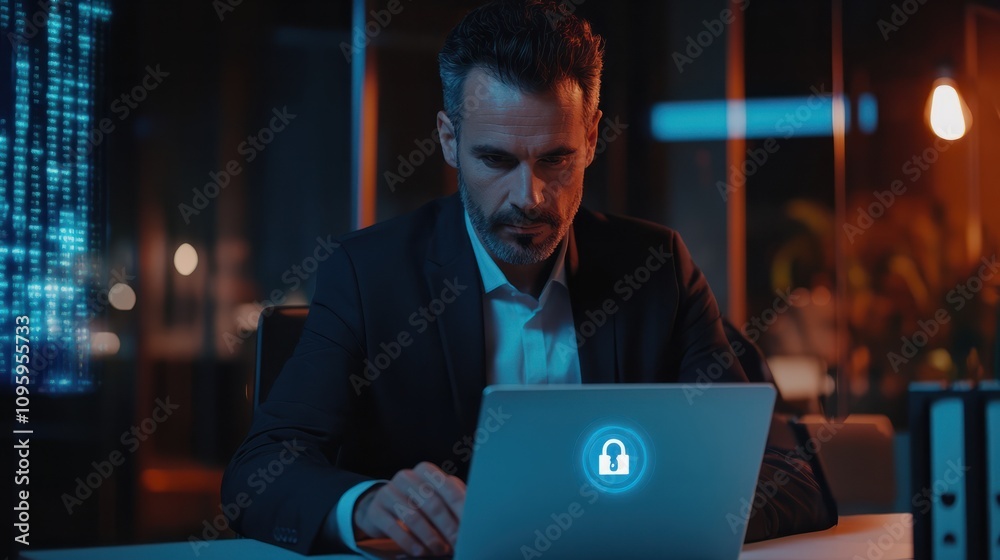 Handsome businessman in suit at workplace working with laptop to defend customer cyber security. Concept of clients information protection and brainstorm. Padlock hologram over office background. Handsome businessman in suit at workplace working with laptop to defend customer cyber security. Concept of clients information protection and brainstorm. Padlock hologram over office background.