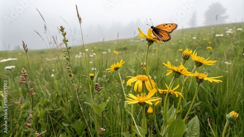 Delicate orange butterfly perched on yellow arnica montana flowers in a lush meadow, meadow, floral