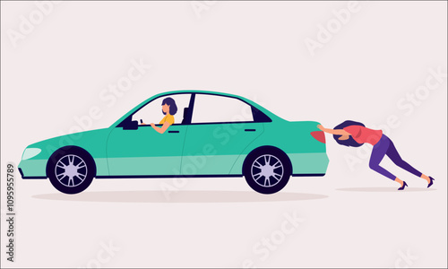 Woman Pushing A Broken Down Car From Behind While Another Woman Sitting In Front Of The Driver Seat Controlling The Steering. 