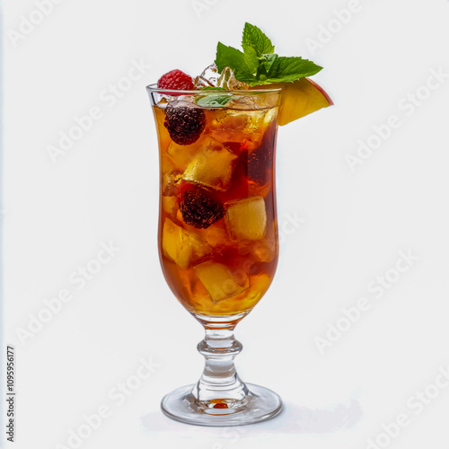 A fruity, fresh beverage, served with ice for a crisp, cooling experience isolated on a white background photo