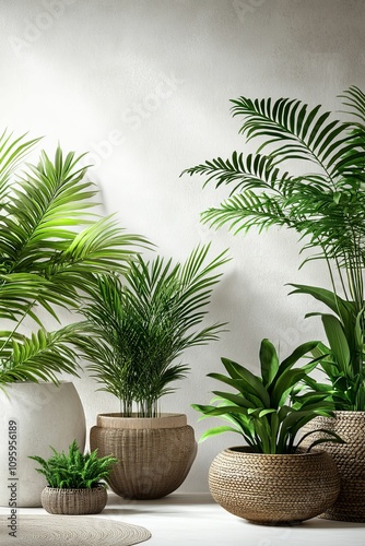 Lush green plants in woven pots  white background.