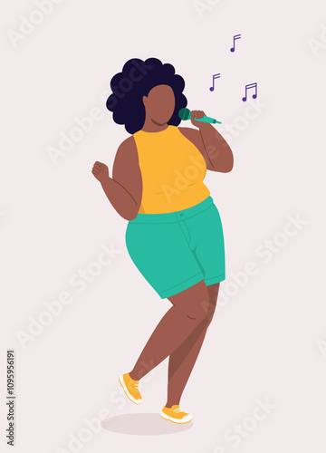 One Curvy Black Woman Singing Song With A Cordless Microphone.