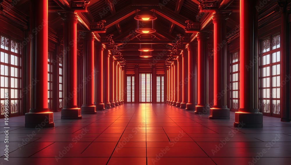Crimson Columns: A Digital Hallway of Red Light and Architectural Grandeur Crimson Columns: A Digital Hallway of Red Light and Architectural Grandeur