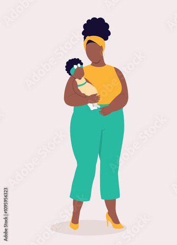 One Plus Size Black Mother Standing While Holding Her Baby Girl.