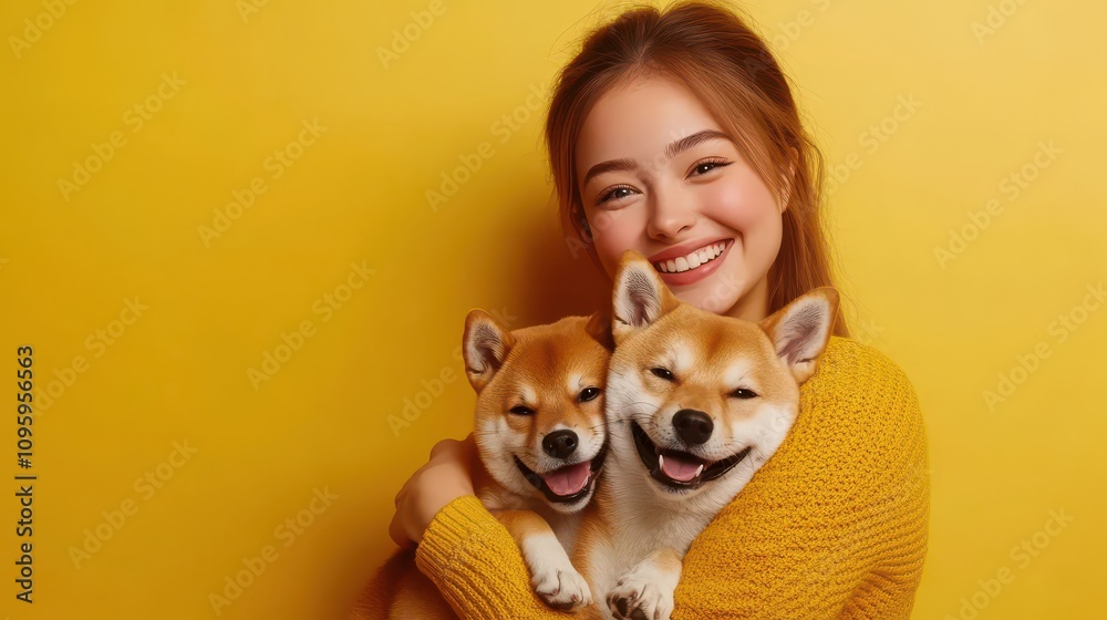 Happy Girl with Shiba Inu Puppies on Yellow Background Happy Girl with Shiba Inu Puppies on Yellow Background