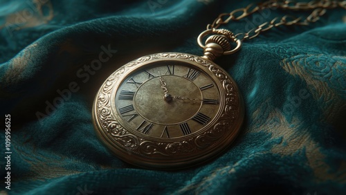 Antique Pocket Watch on Ornate Fabric photo