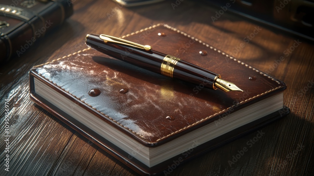 Elegant Fountain Pen on Leather Notebook Elegant Fountain Pen on Leather Notebook