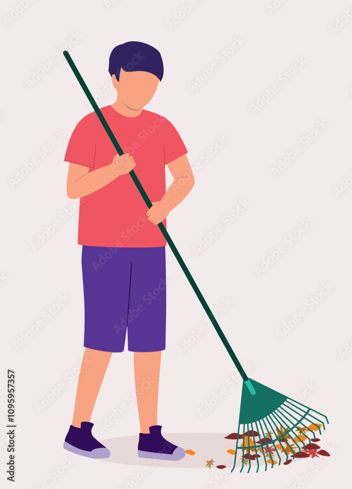 One Little Boy Raking Leaves With A Rake Broom. One Little Boy Raking Leaves With A Rake Broom.