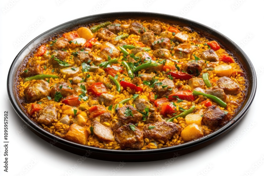 A vibrant paella filled with colorful vegetables and tender meats, showcasing a delicious traditional dish. A vibrant paella filled with colorful vegetables and tender meats, showcasing a delicious traditional dish.