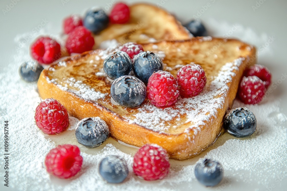 Delicious slices of French toast topped with fresh blueberries and raspberries, dusted with powdered sugar. Delicious slices of French toast topped with fresh blueberries and raspberries, dusted with powdered sugar.
