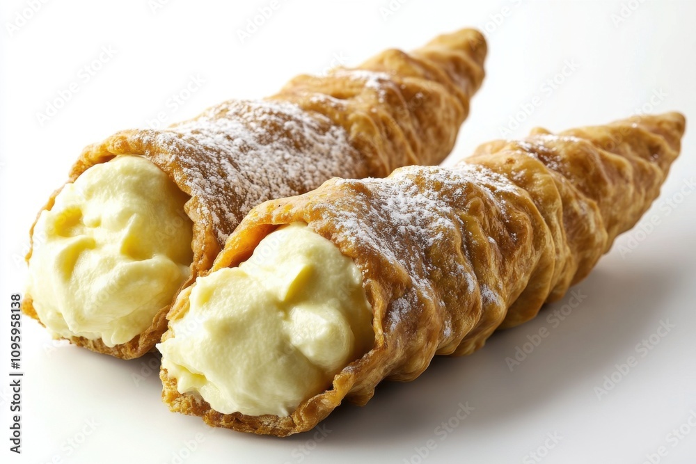 Two crisp pastry cones filled with creamy vanilla custard, dusted with powdered sugar. Two crisp pastry cones filled with creamy vanilla custard, dusted with powdered sugar.