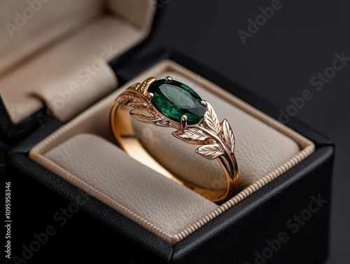 handmade and jewelry concept. A handmade ring with a traditional floral design, set with a vibrant gemstone and displayed in an antique box photo