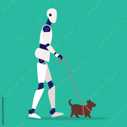 Side View Of AI Robot Walking A Dog.