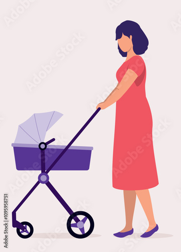 Side View Of A Young Mother Walking While Pushing Her Child In A Stroller.