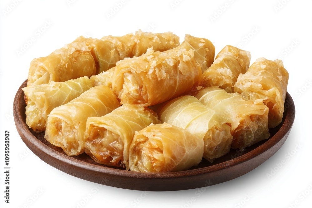 Delicious cabbage rolls filled with rice and spices, drizzled with buttery goodness on a wooden platter. Delicious cabbage rolls filled with rice and spices, drizzled with buttery goodness on a wooden platter.