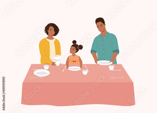 Smiling Black Family With One Daughter Setting Up Table Together.