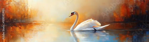 Graceful swan swimming in tranquil waters during sunset, vibrant colors, serene atmosphere. photo