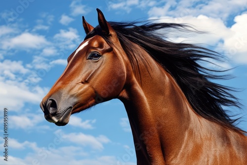 Majestic Brown Horse Galloping Under Blue Sky