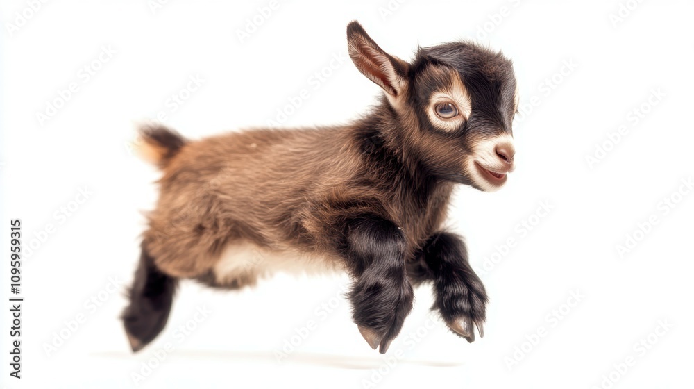 Energetic baby goat hopping playfully on a white background for fun animal photography Energetic baby goat hopping playfully on a white background for fun animal photography