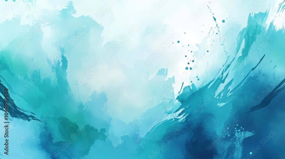 Fototapeta premium An abstract background with vibrant splashes of paint in shades of blue and green, combined with soft, flowing shapes, resembling an ocean scene in a watercolor style