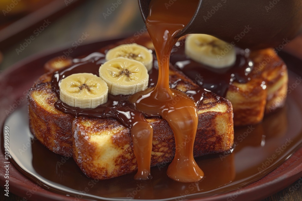 Delicious French toast topped with banana slices and drizzled with rich chocolate sauce. Delicious French toast topped with banana slices and drizzled with rich chocolate sauce.