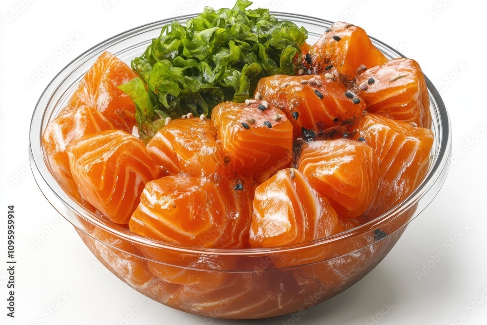 A vibrant bowl filled with fresh salmon sashimi and garnished with green seaweed, showcasing rich colors and textures. A vibrant bowl filled with fresh salmon sashimi and garnished with green seaweed, showcasing rich colors and textures.