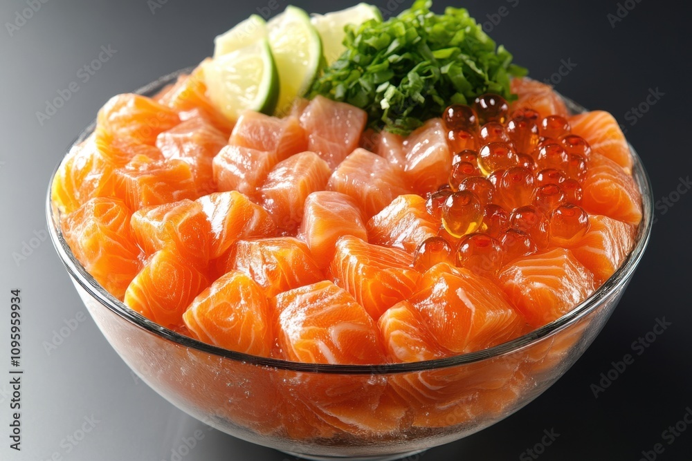 A vibrant bowl of fresh salmon sashimi garnished with lime and herbs, showcasing a delicious seafood platter. A vibrant bowl of fresh salmon sashimi garnished with lime and herbs, showcasing a delicious seafood platter.