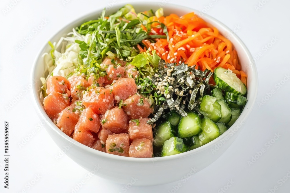 A colorful poke bowl featuring fresh diced tuna, vibrant veggies, and garnishes on a white background. A colorful poke bowl featuring fresh diced tuna, vibrant veggies, and garnishes on a white background.