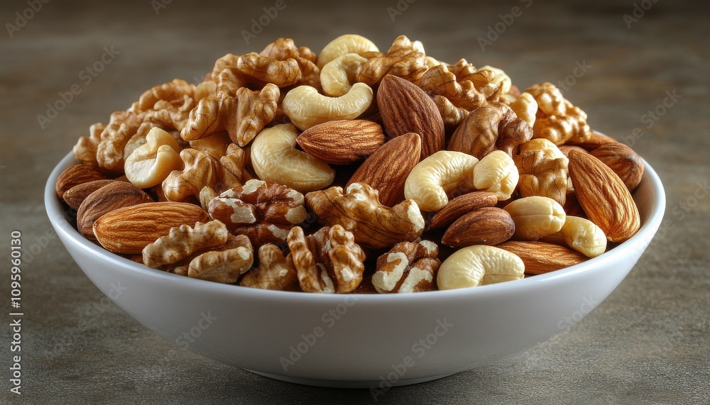 Healthy Snacking Options Featuring a Delicious Mix of Almonds, Cashews, Walnuts, and More in a Bowl on a Rustic Background Healthy Snacking Options Featuring a Delicious Mix of Almonds, Cashews, Walnuts, and More in a Bowl on a Rustic Background