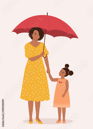 Smiling Black Mother Sheltered Her Little Daughter With An Umbrella. 