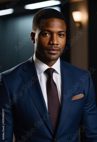 professional man, wearing a navy blue suit, white shirt, dark tie, well-lit office background, sharp focus, formal portrait, confident expression 