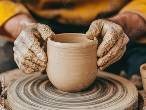 handmade and ceramics concept. A potter s hands trimming a custom ceramic cup on a wheel, with unfinished pieces and tools scattered nearby photo