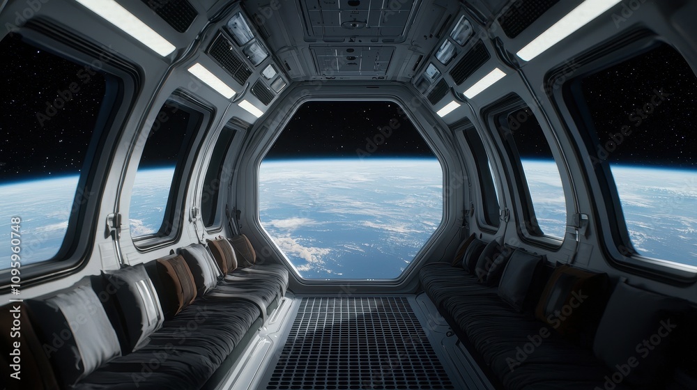 A futuristic spacecraft interior offers a view of Earth from space, featuring sleek seating and large windows set against a starry backdrop. A futuristic spacecraft interior offers a view of Earth from space, featuring sleek seating and large windows set against a starry backdrop.